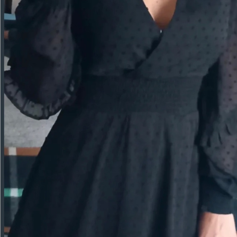 stradivarius Black Swiss Dot V-Neck Long Sleeve Dress